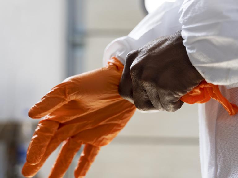 Worker putting on protective gloves before lead paint abatement work