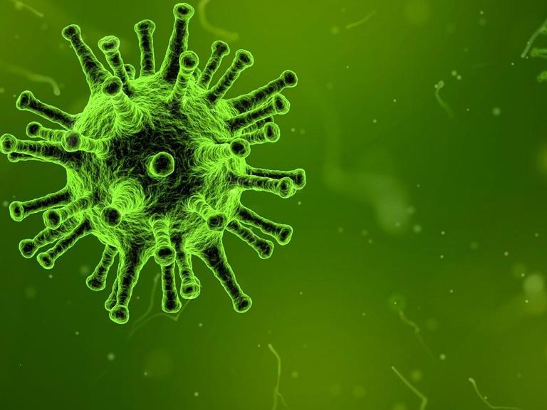 Green virus particles with spiky protrusions float on a bright green background, conveying a sense of alertness and microscopic detail.
